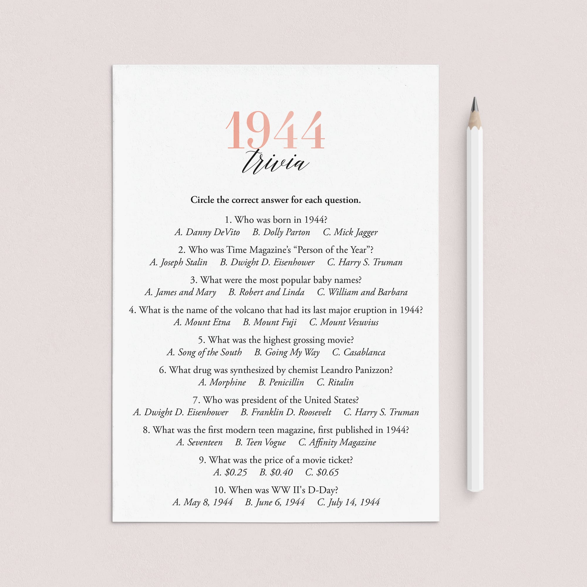 1944 Trivia Questions and Answers Printable by LittleSizzle