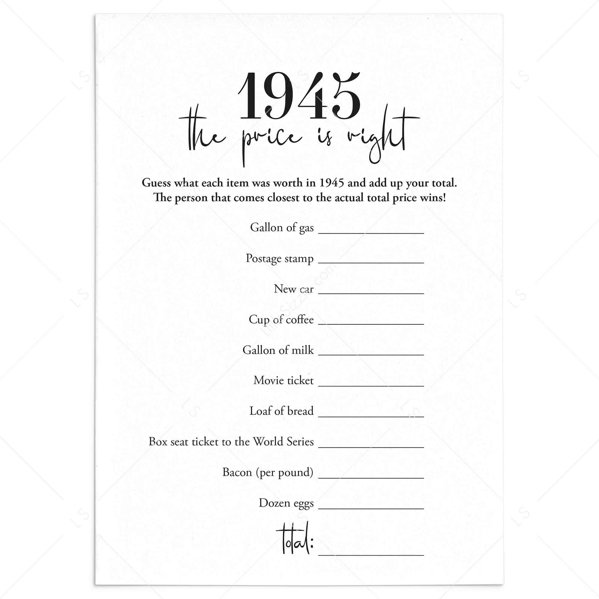 1945 The Price Is Right Game with Answers Printable by LittleSizzle