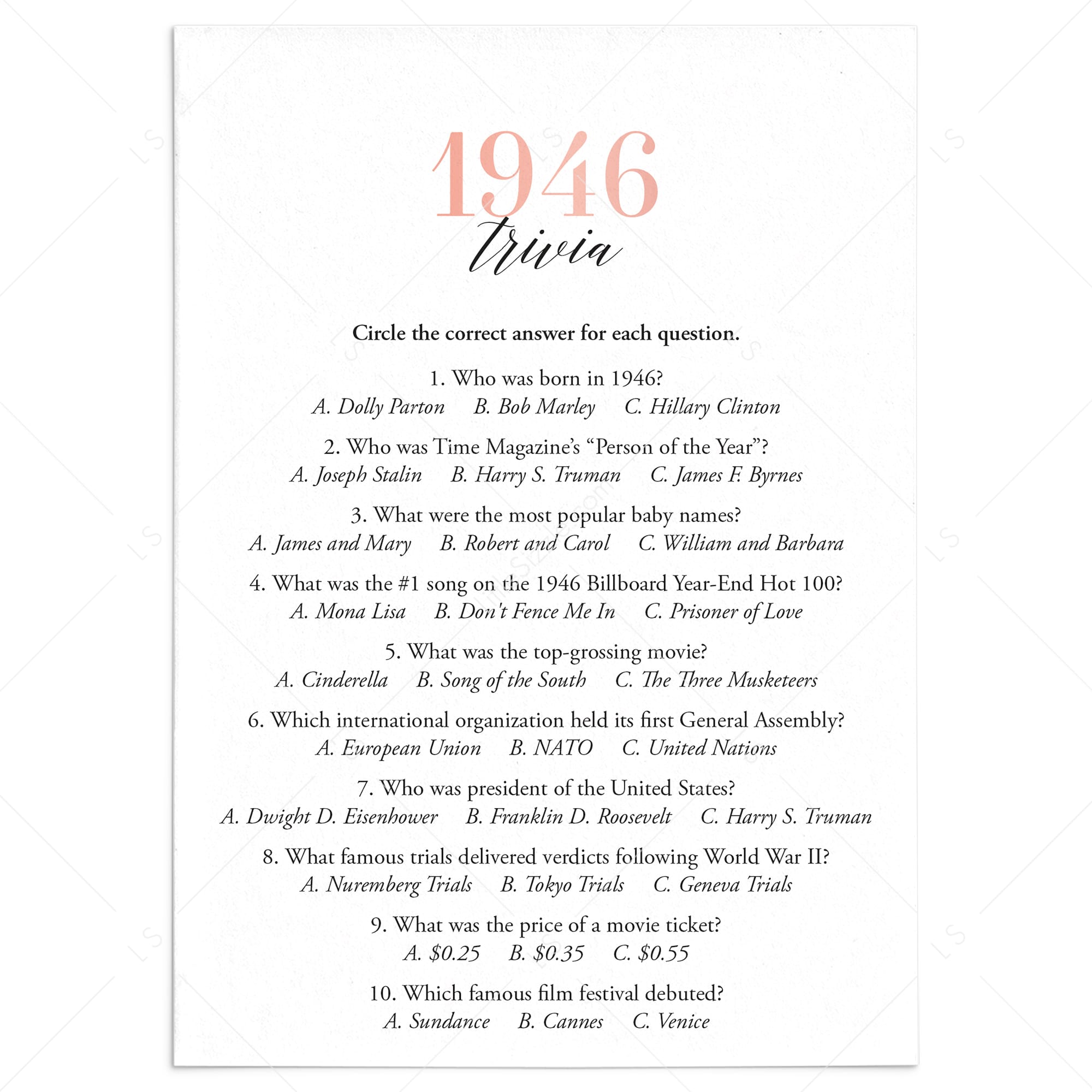 1946 Trivia Questions and Answers Printable by LittleSizzle