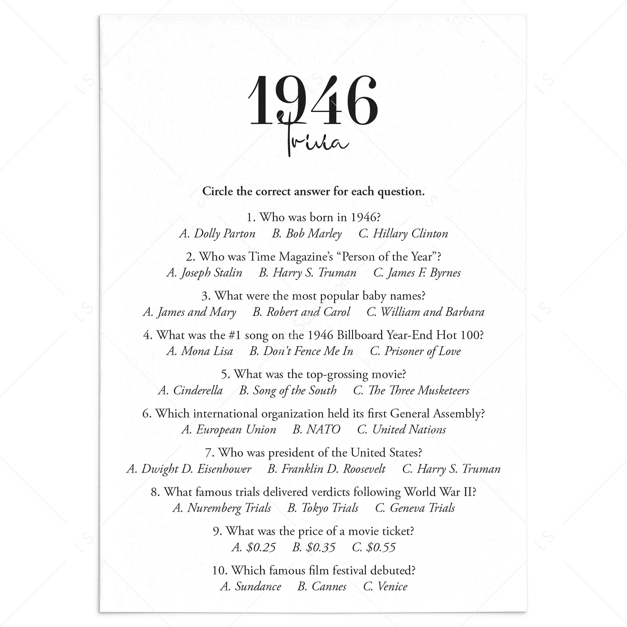 1946 Trivia Quiz with Answer Key Instant Download by LittleSizzle