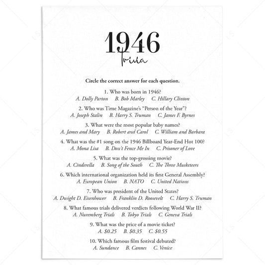 1946 Trivia Quiz with Answer Key Instant Download by LittleSizzle