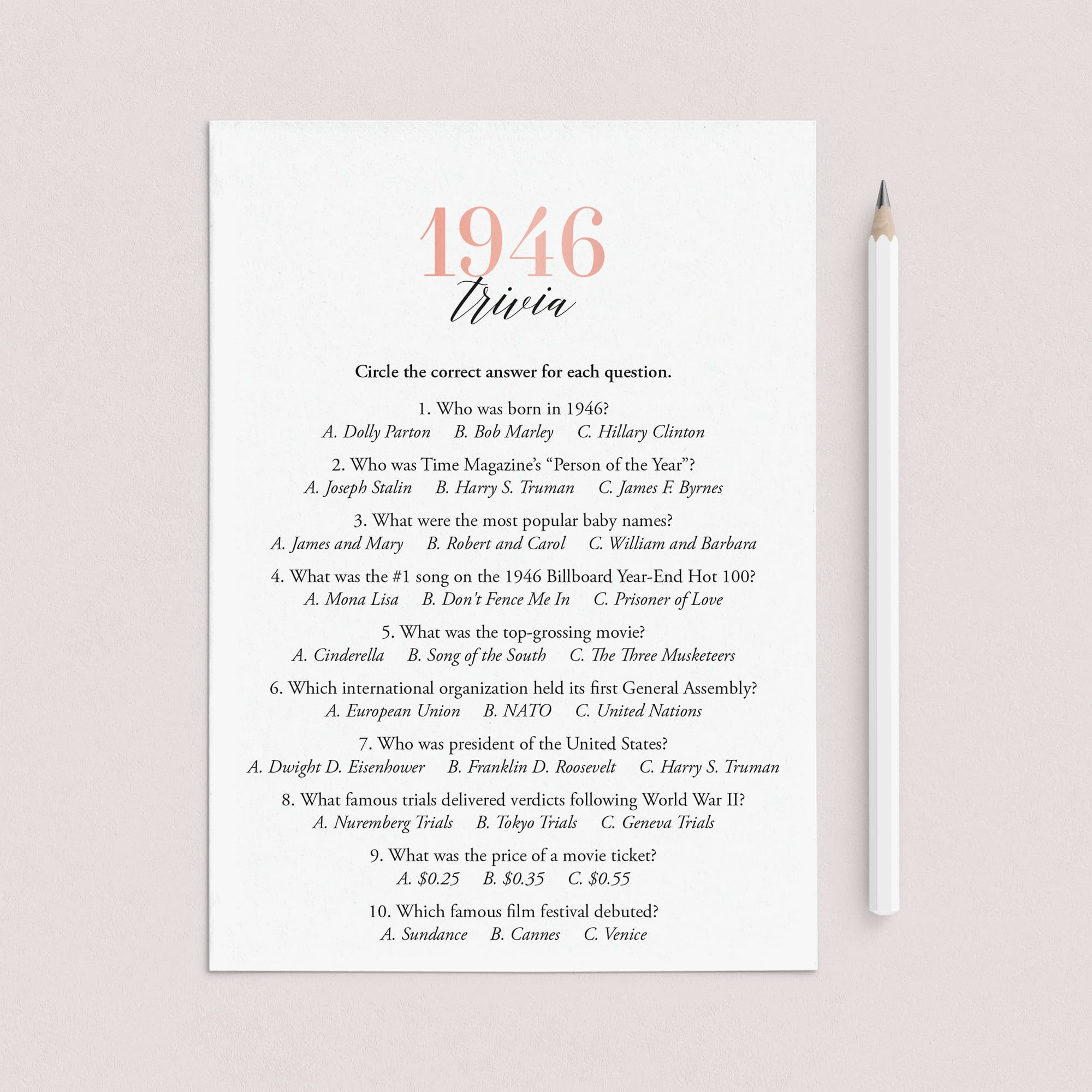 1946 Trivia Questions and Answers Printable by LittleSizzle