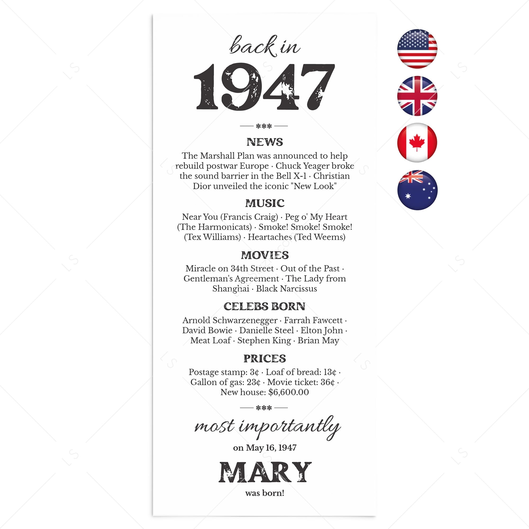 80th Birthday Gift Born in 1947 Table Card by LittleSizzle