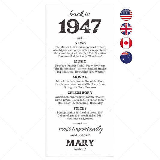 80th Birthday Gift Born in 1947 Table Card by LittleSizzle