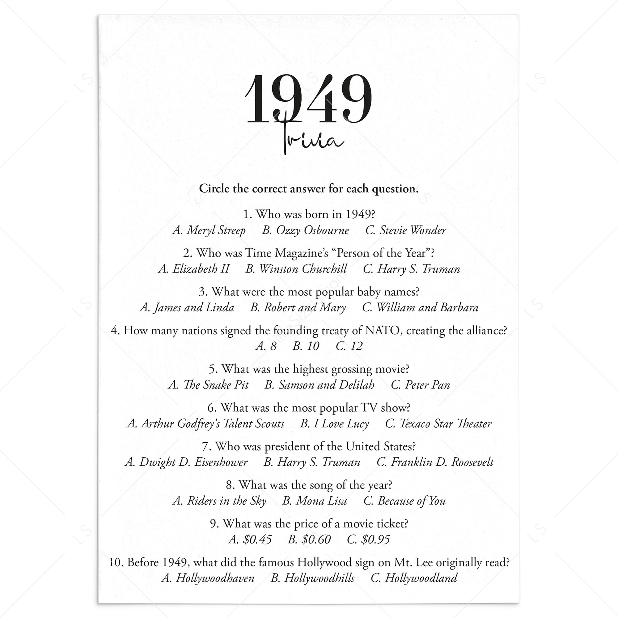 1949 Trivia Quiz with Answer Key Instant Download by LittleSizzle