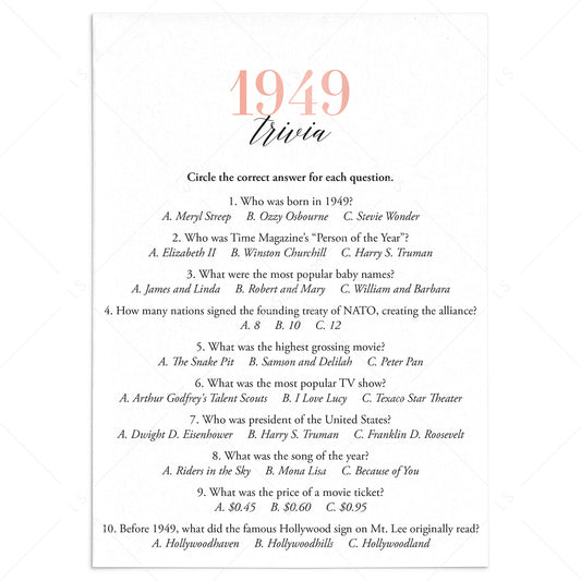 1949 Trivia Questions and Answers Printable by LittleSizzle