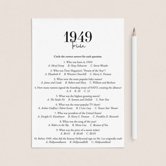 1949 Trivia Quiz with Answer Key Instant Download by LittleSizzle