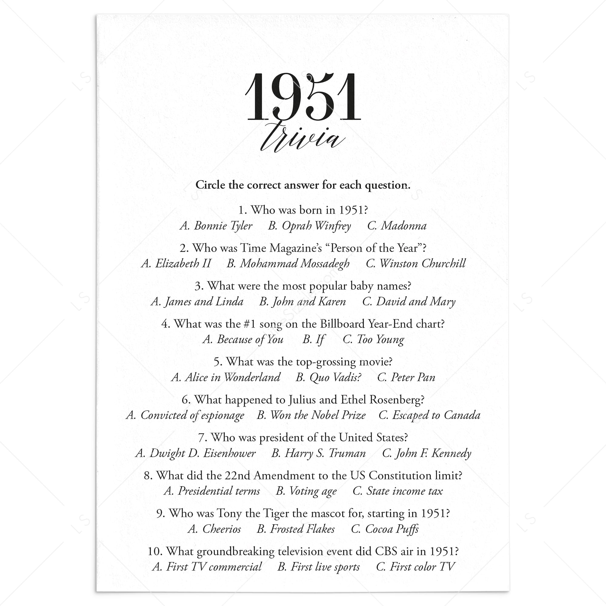 1951 Trivia Quiz with Answer Key Instant Download by LittleSizzle