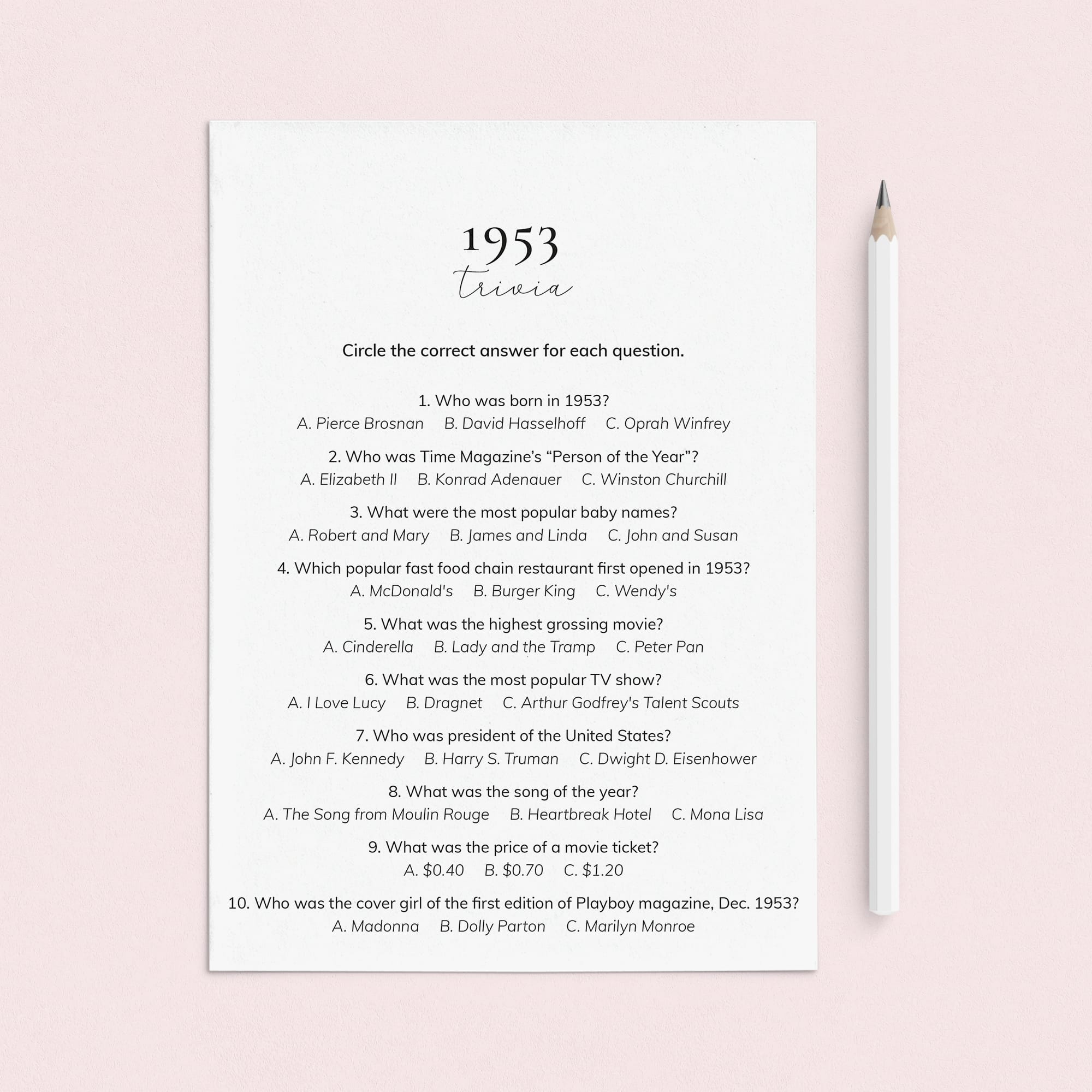 1953 Quiz and Answers Printable by LittleSizzle