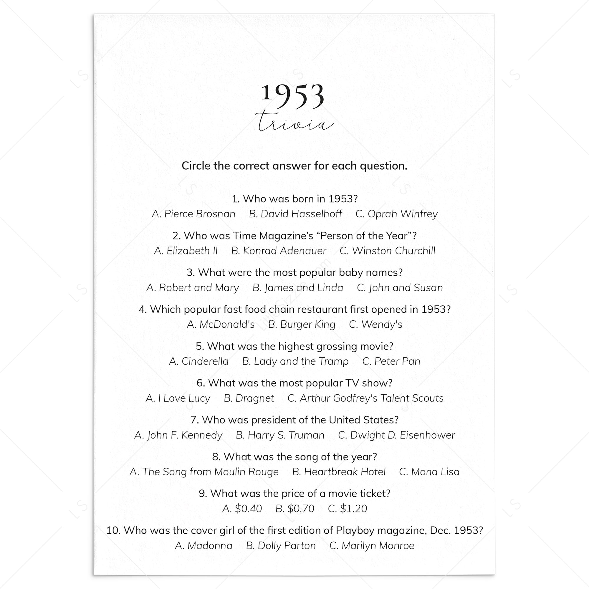 1953 Quiz and Answers Printable by LittleSizzle