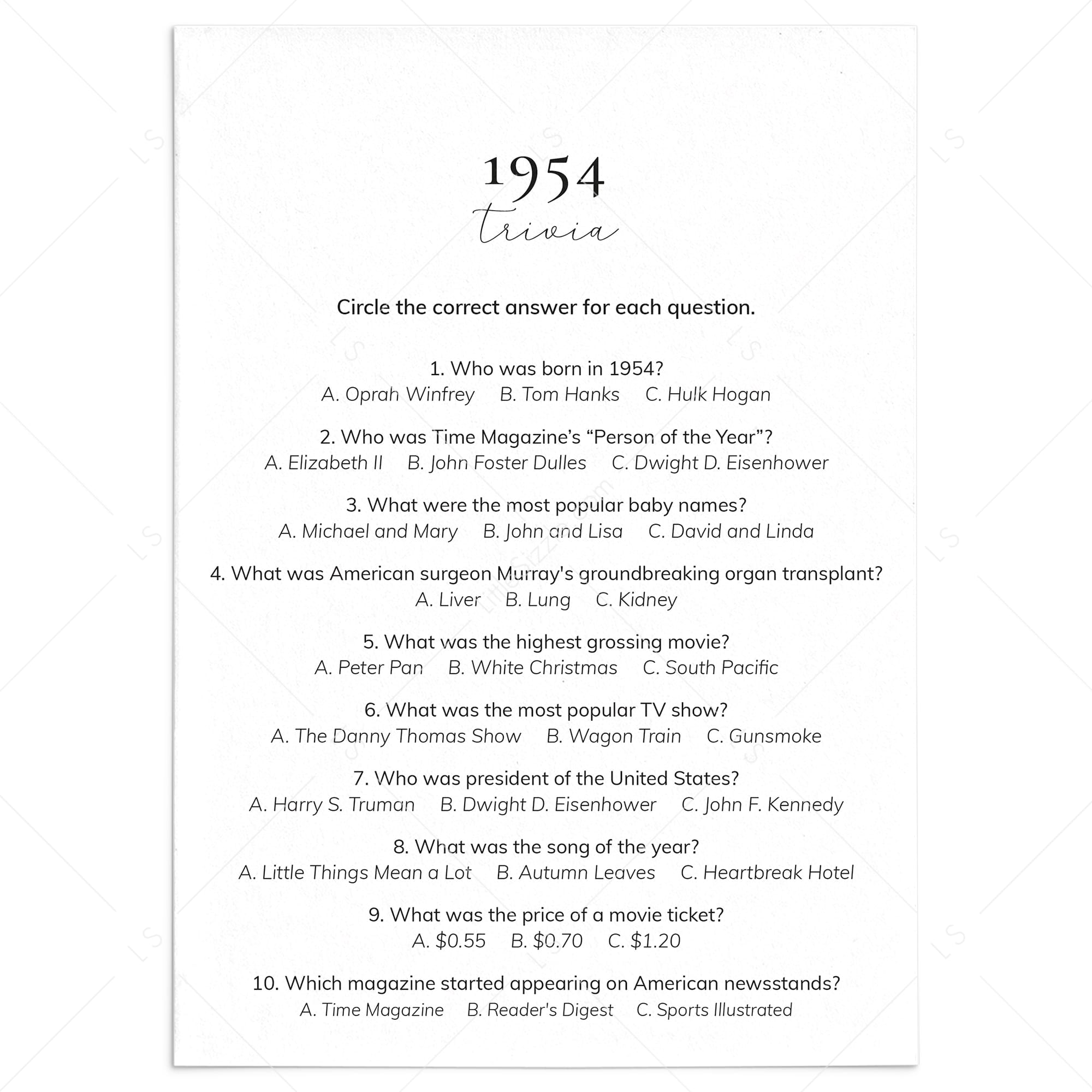 1954 Quiz and Answers Printable by LittleSizzle