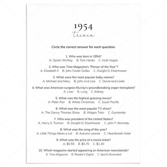 1954 Quiz and Answers Printable by LittleSizzle