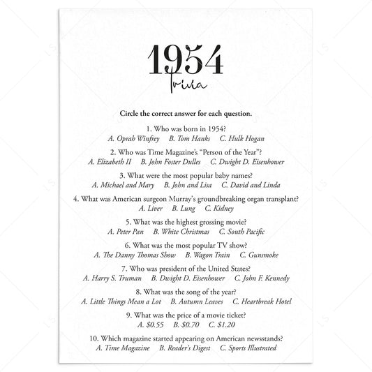 1954 Trivia Quiz with Answer Key Instant Download by LittleSizzle