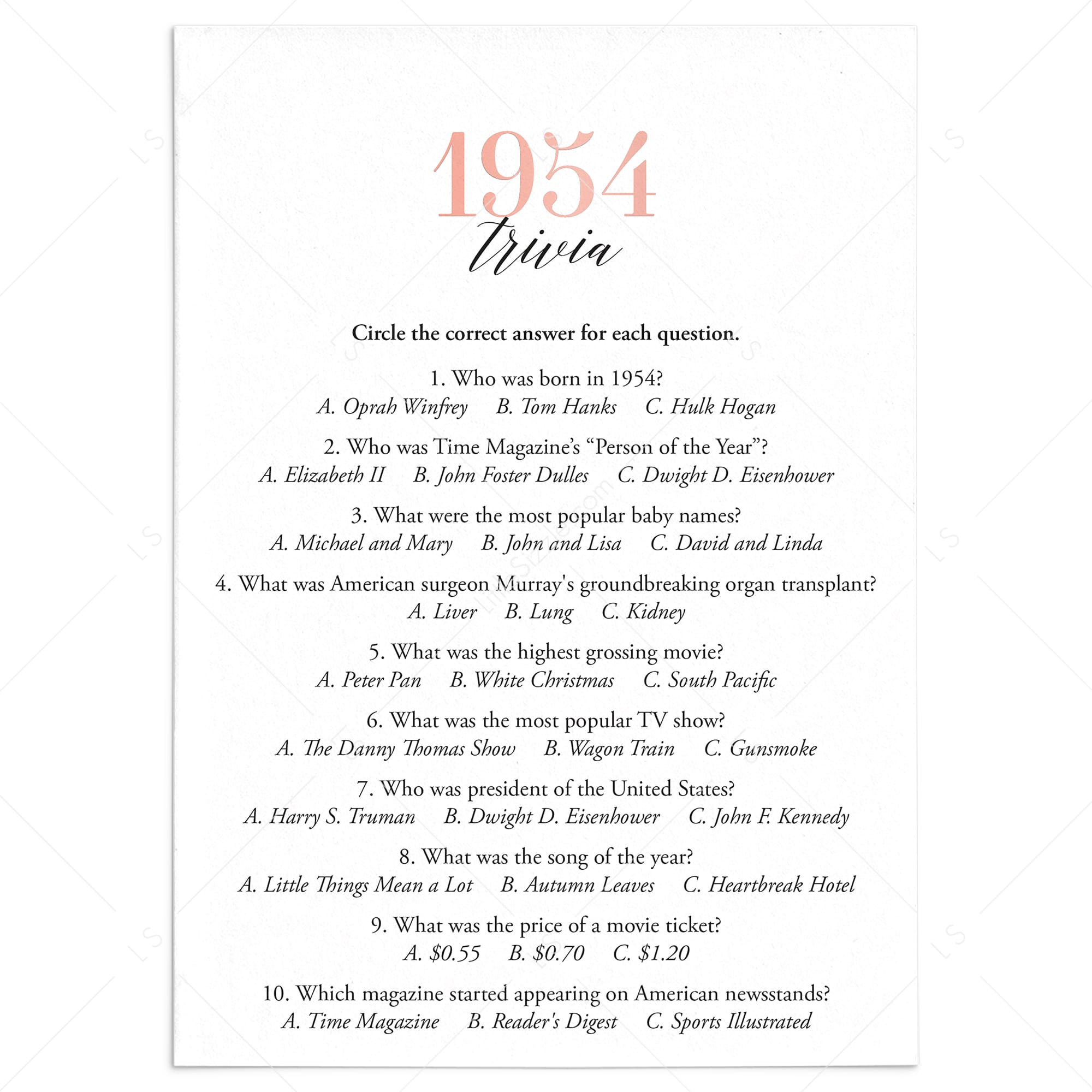 1954 Trivia Questions and Answers Printable by LittleSizzle