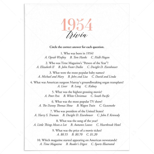 1954 Trivia Questions and Answers Printable by LittleSizzle