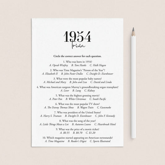 1954 Trivia Quiz with Answer Key Instant Download by LittleSizzle
