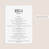 1954 Trivia Quiz with Answer Key Instant Download