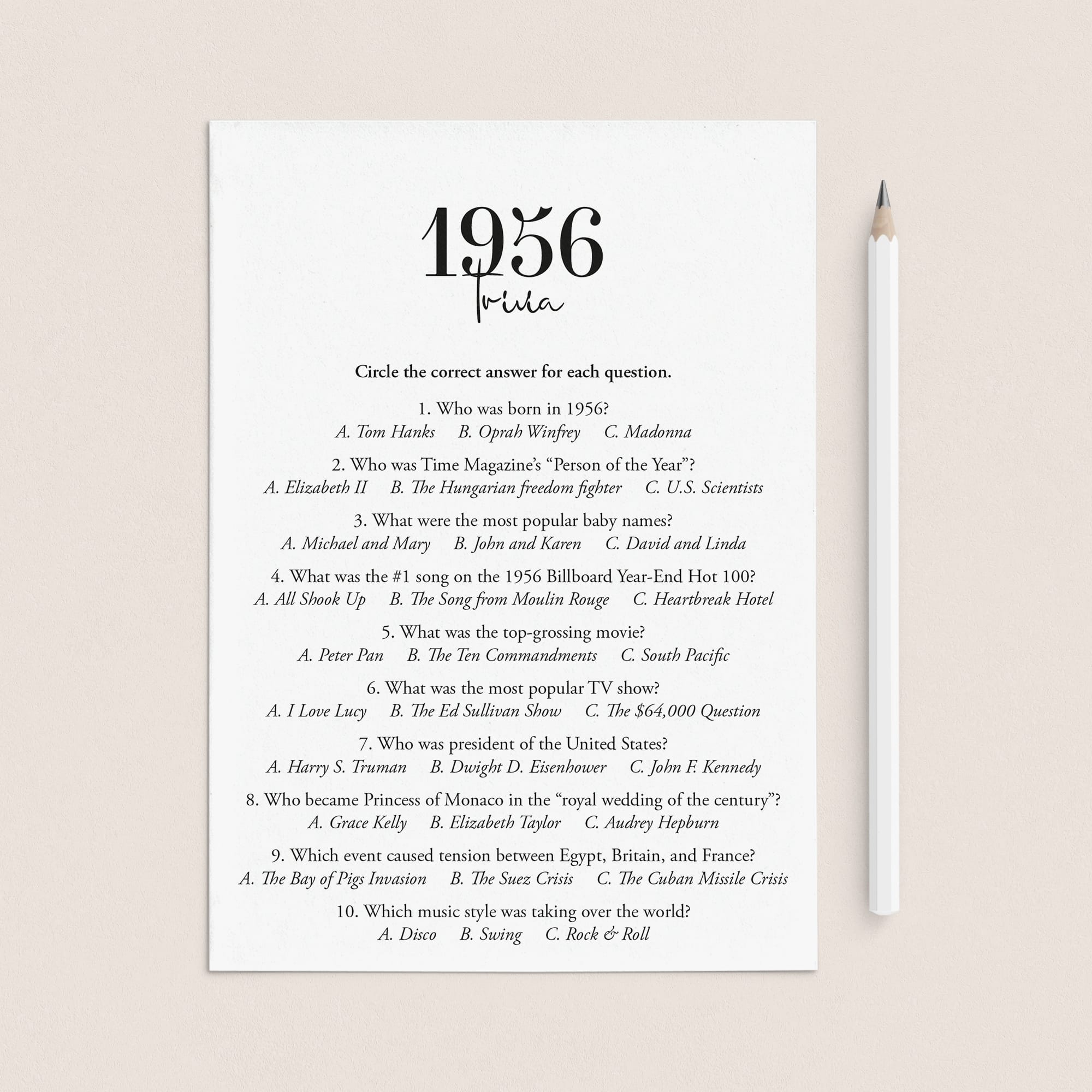 1956 Trivia Quiz with Answer Key Instant Download by LittleSizzle