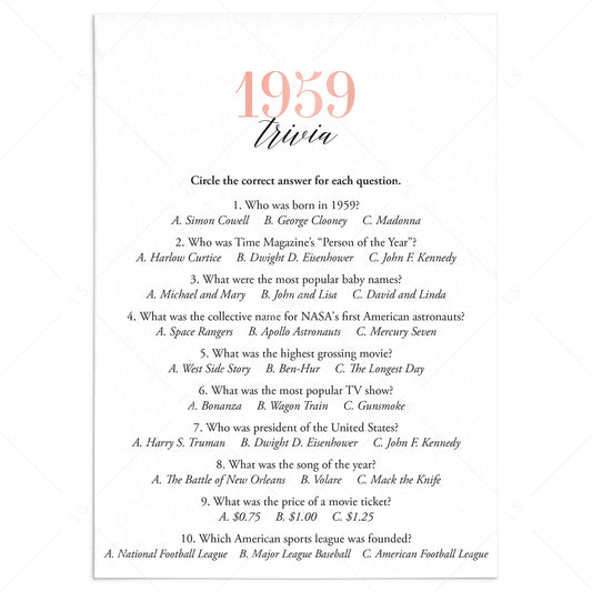 1959 Trivia Questions and Answers Printable by LittleSizzle