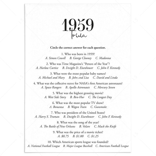 1959 Trivia Quiz with Answer Key Instant Download by LittleSizzle