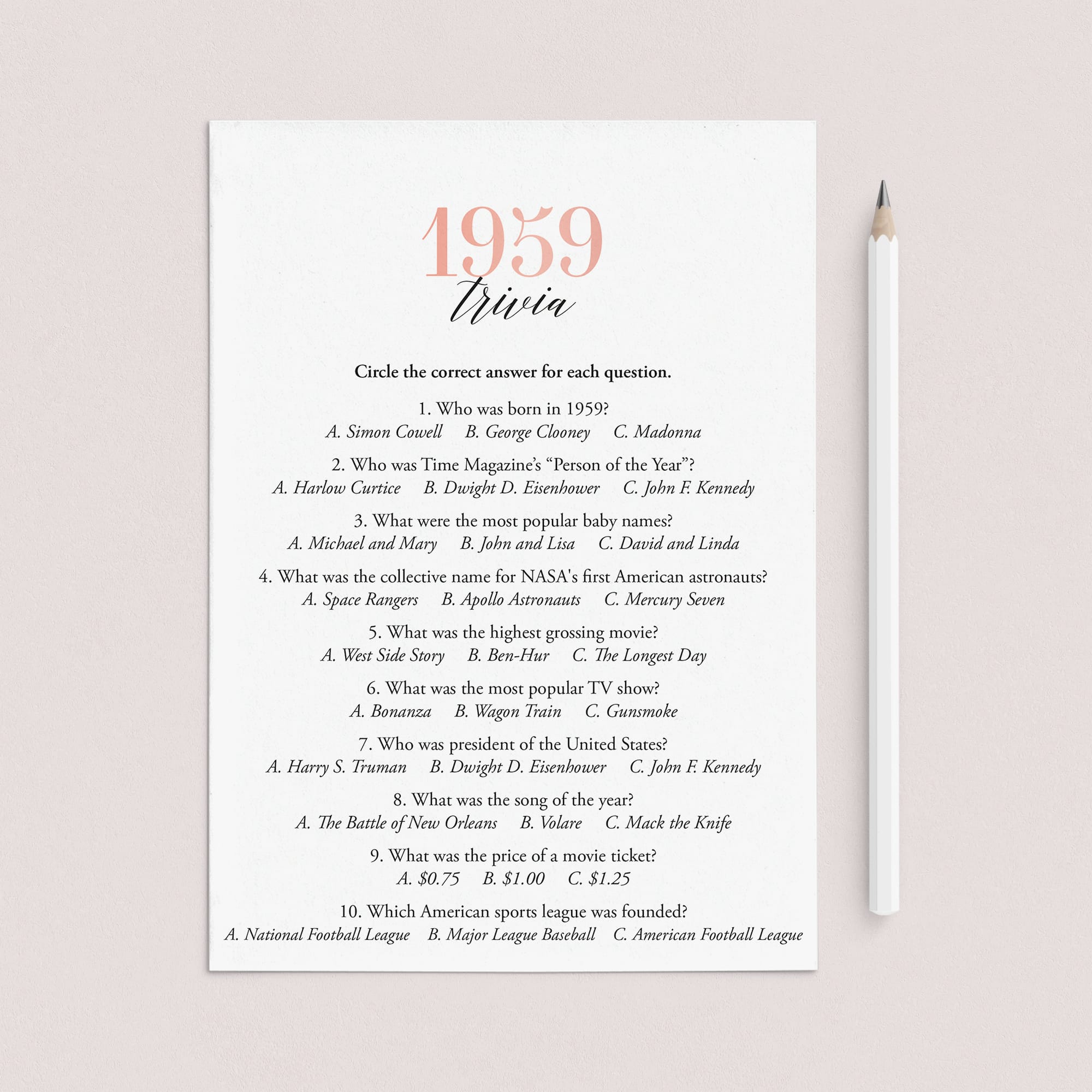 1959 Trivia Questions and Answers Printable by LittleSizzle