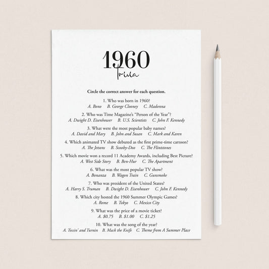 1960 Trivia Quiz with Answer Key Instant Download by LittleSizzle