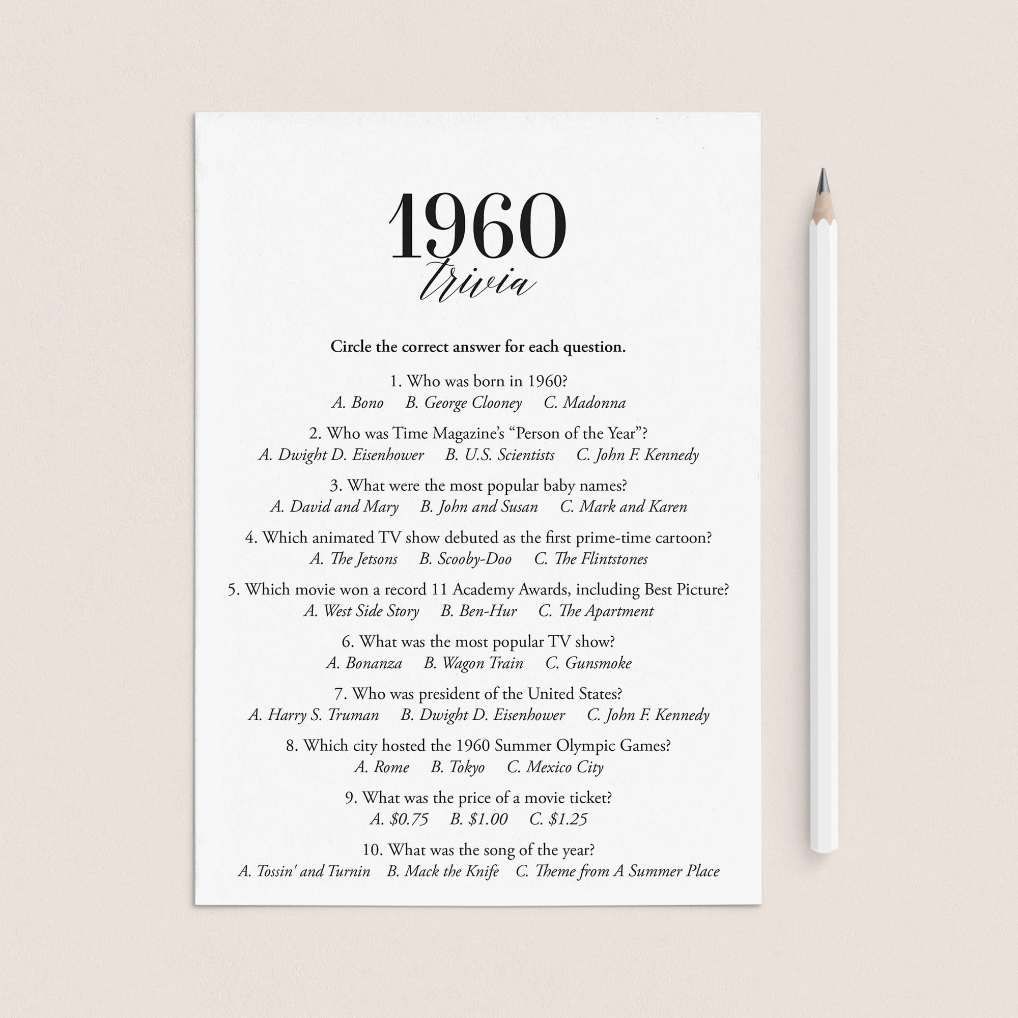 1960 Fun Facts Quiz with Answers Printable | 1960 Pop Culture Trivia by LittleSizzle