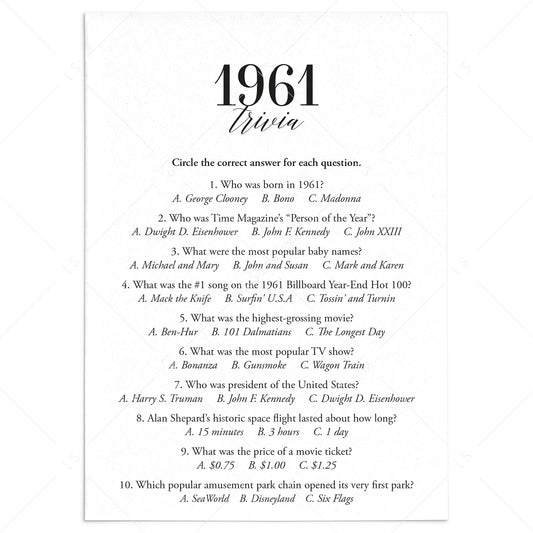 1961 Trivia Quiz with Answer Key Instant Download by LittleSizzle