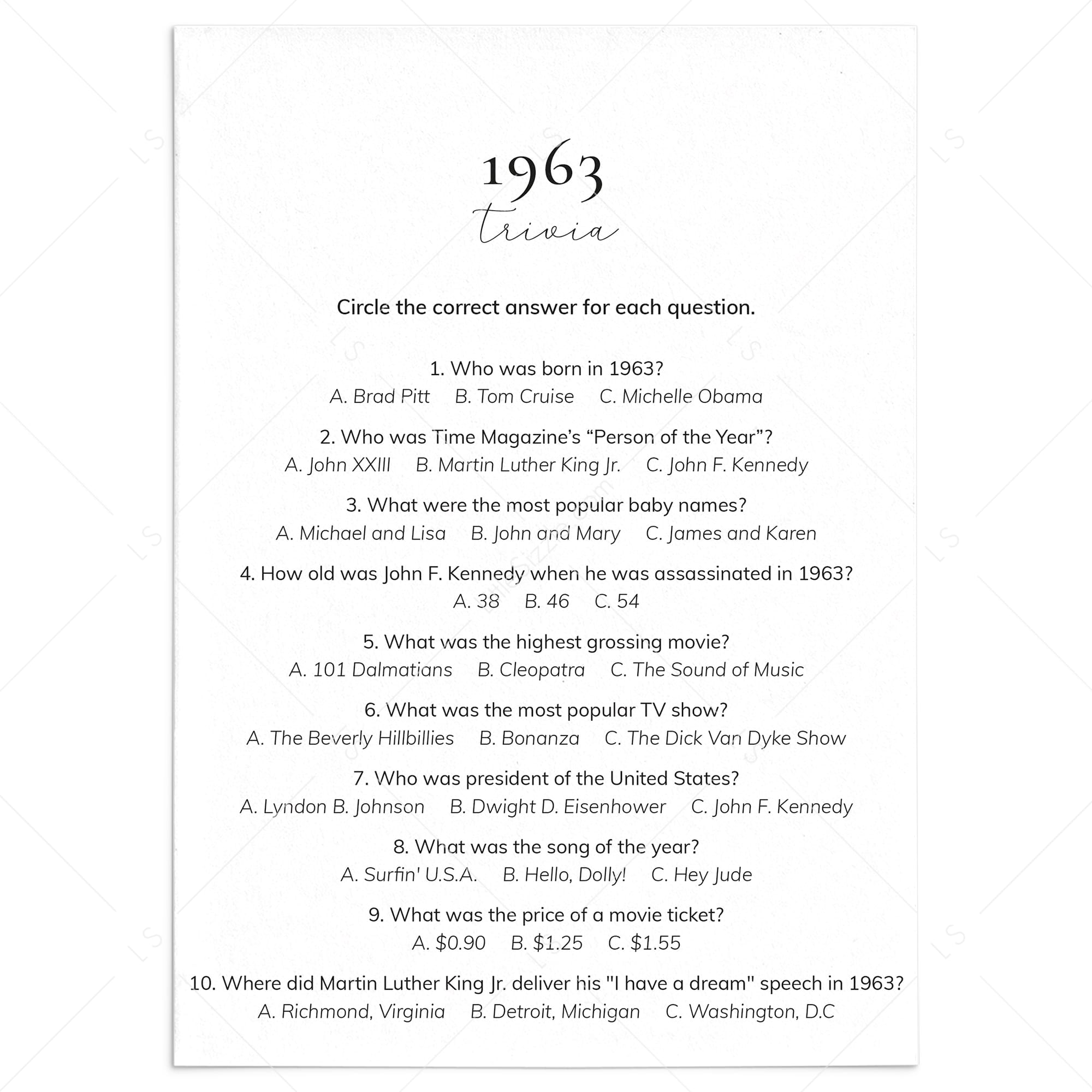 1963 Quiz and Answers Printable by LittleSizzle