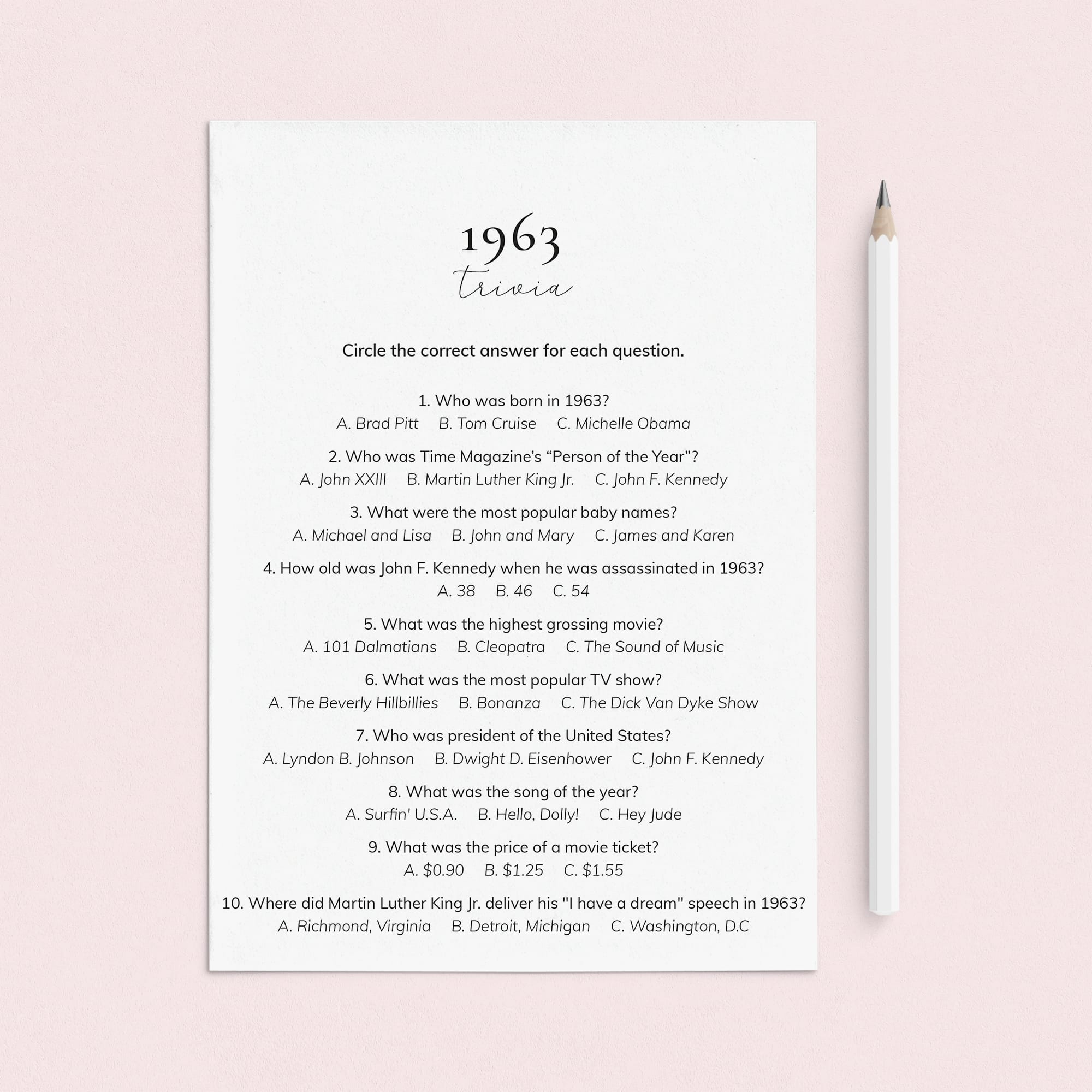 1963 Quiz and Answers Printable by LittleSizzle