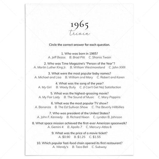 1965 Quiz and Answers Printable by LittleSizzle