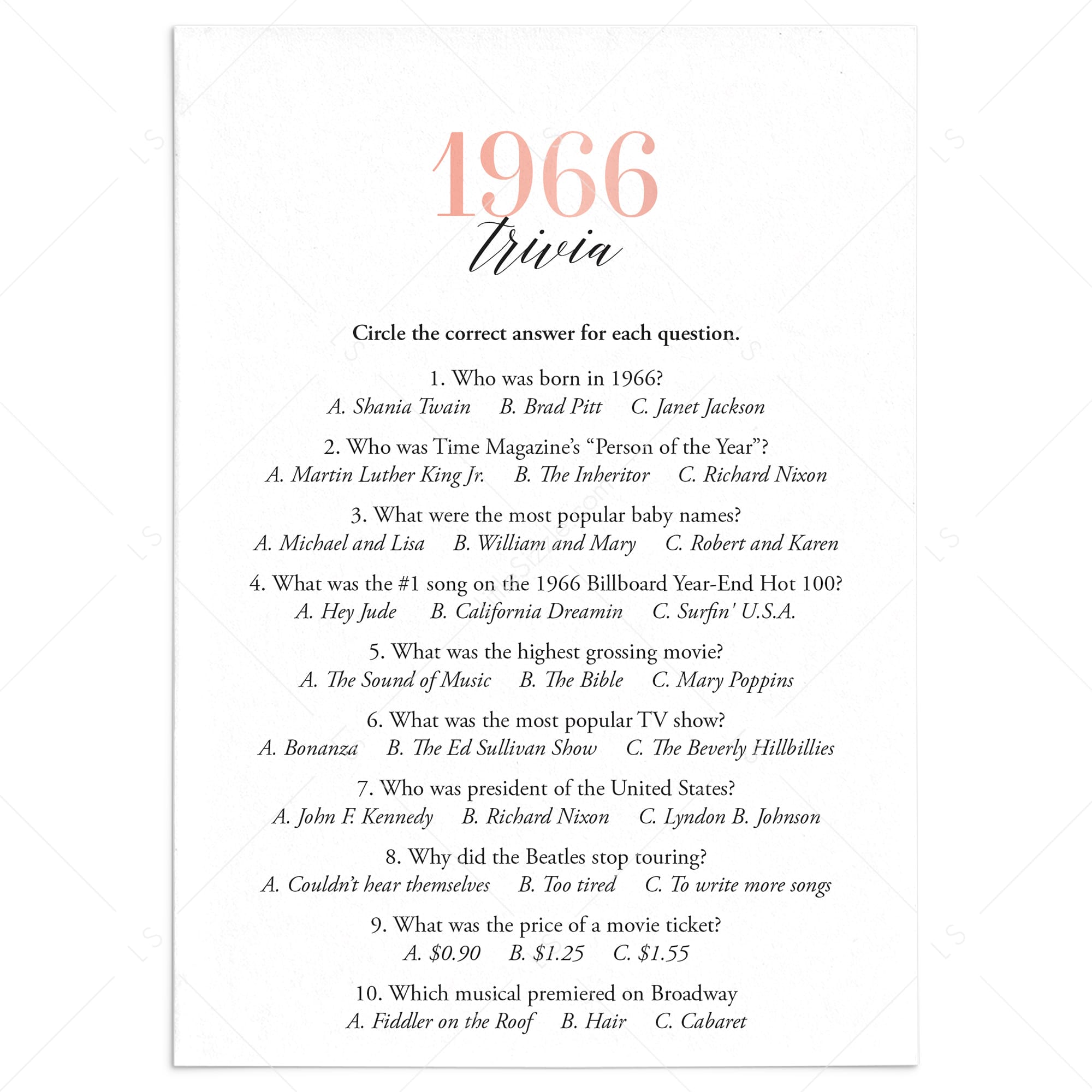 1966 Trivia Questions and Answers Printable by LittleSizzle
