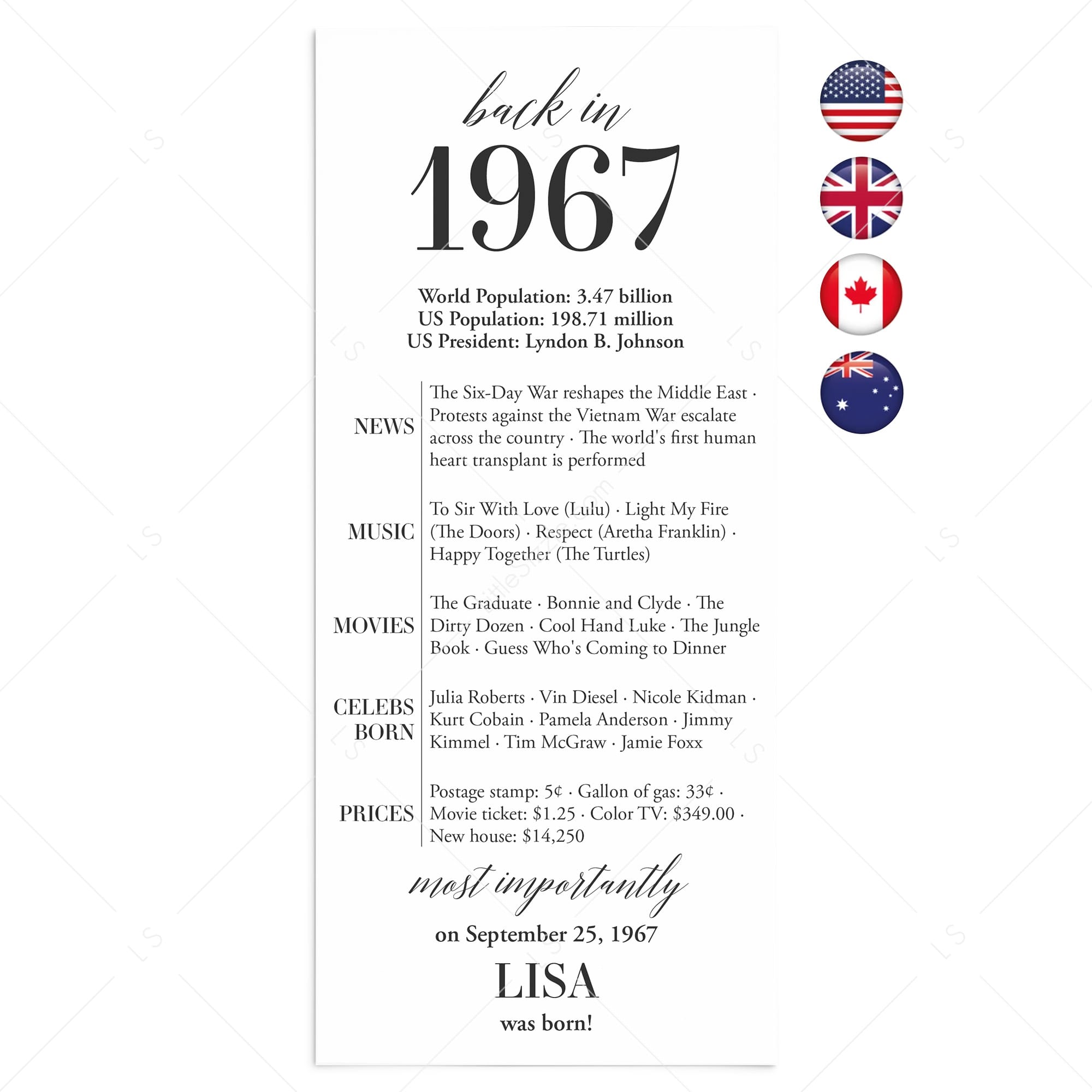 60th Birthday Party Decorations Born in 1967 Table Card by LittleSizzle
