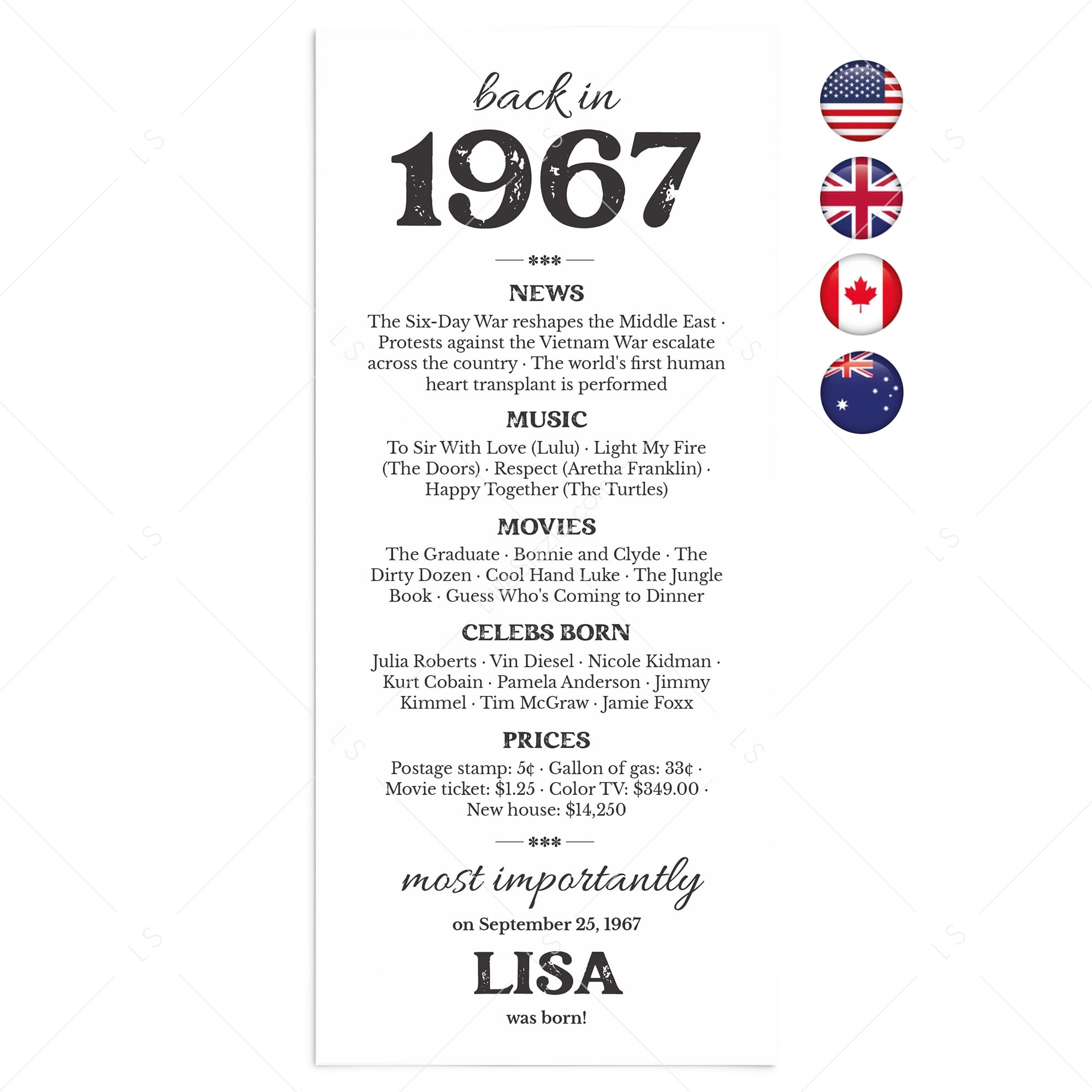 60th Birthday Gift Born in 1967 Table Card by LittleSizzle