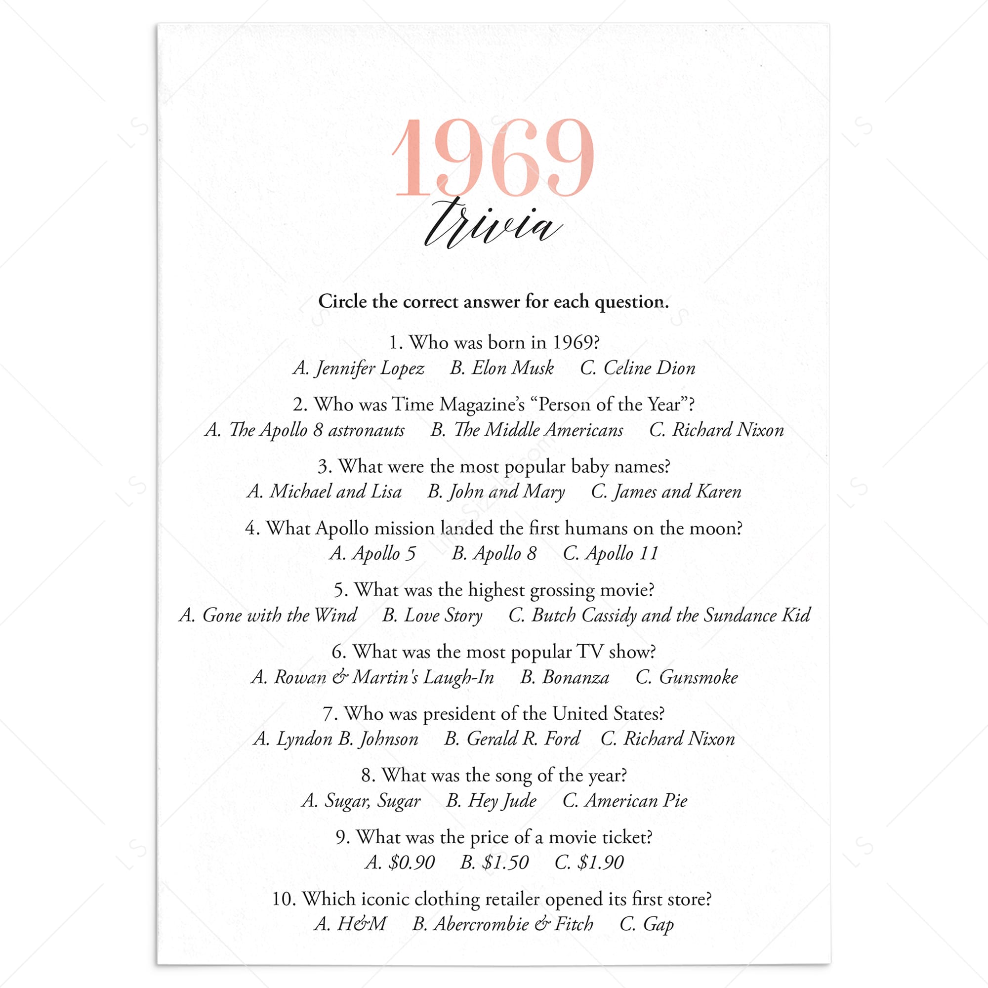 1969 Trivia Questions and Answers Printable by LittleSizzle