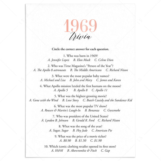 1969 Trivia Questions and Answers Printable by LittleSizzle