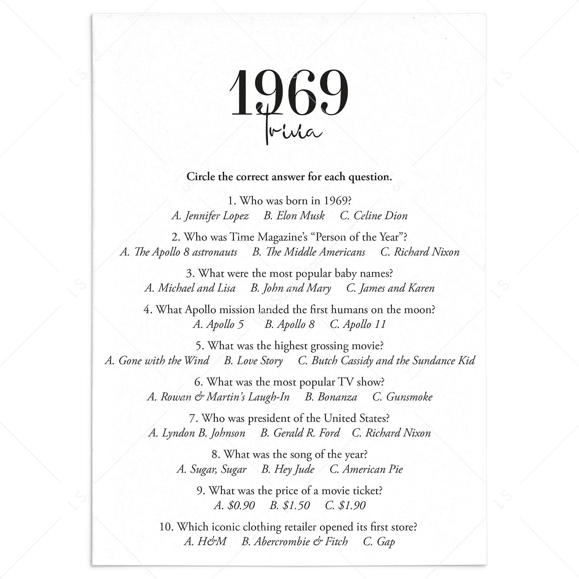 1969 Trivia Quiz with Answer Key Instant Download by LittleSizzle