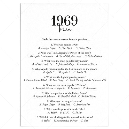 1969 Trivia Quiz with Answer Key Instant Download by LittleSizzle