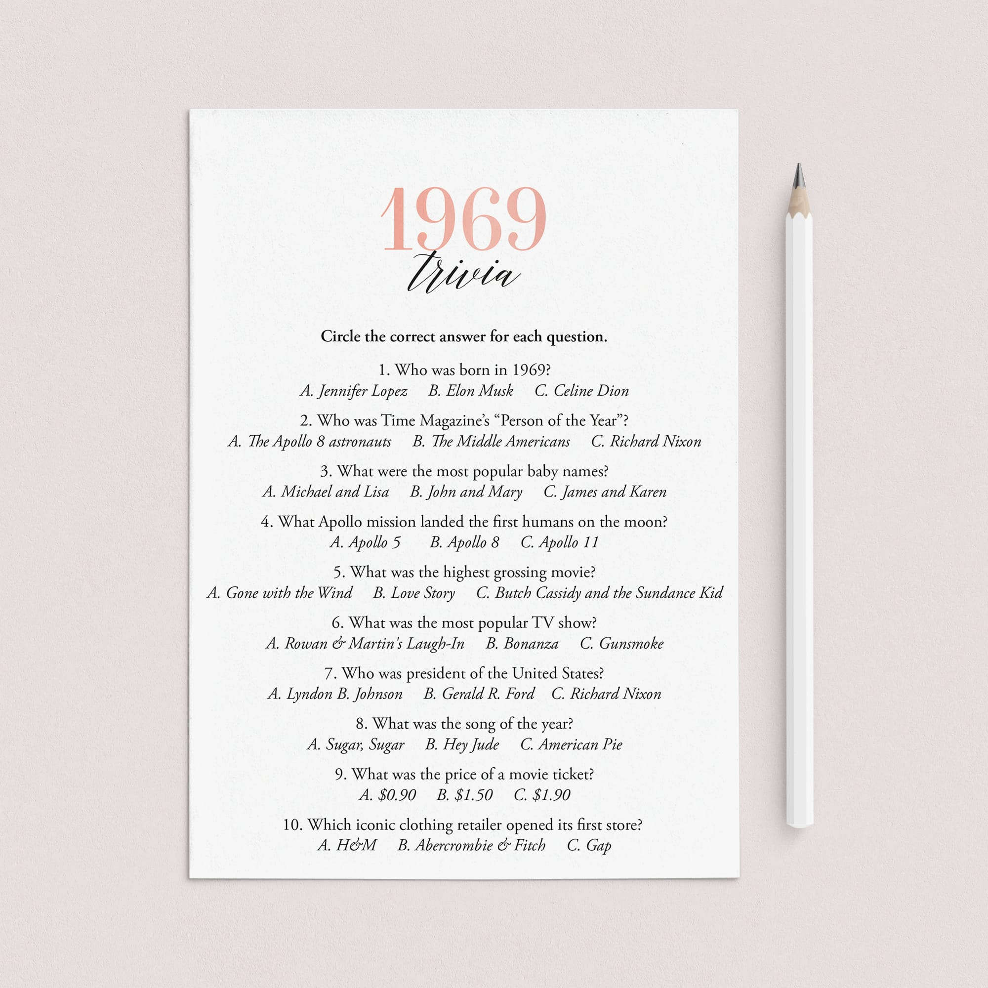 1969 Trivia Questions and Answers Printable by LittleSizzle