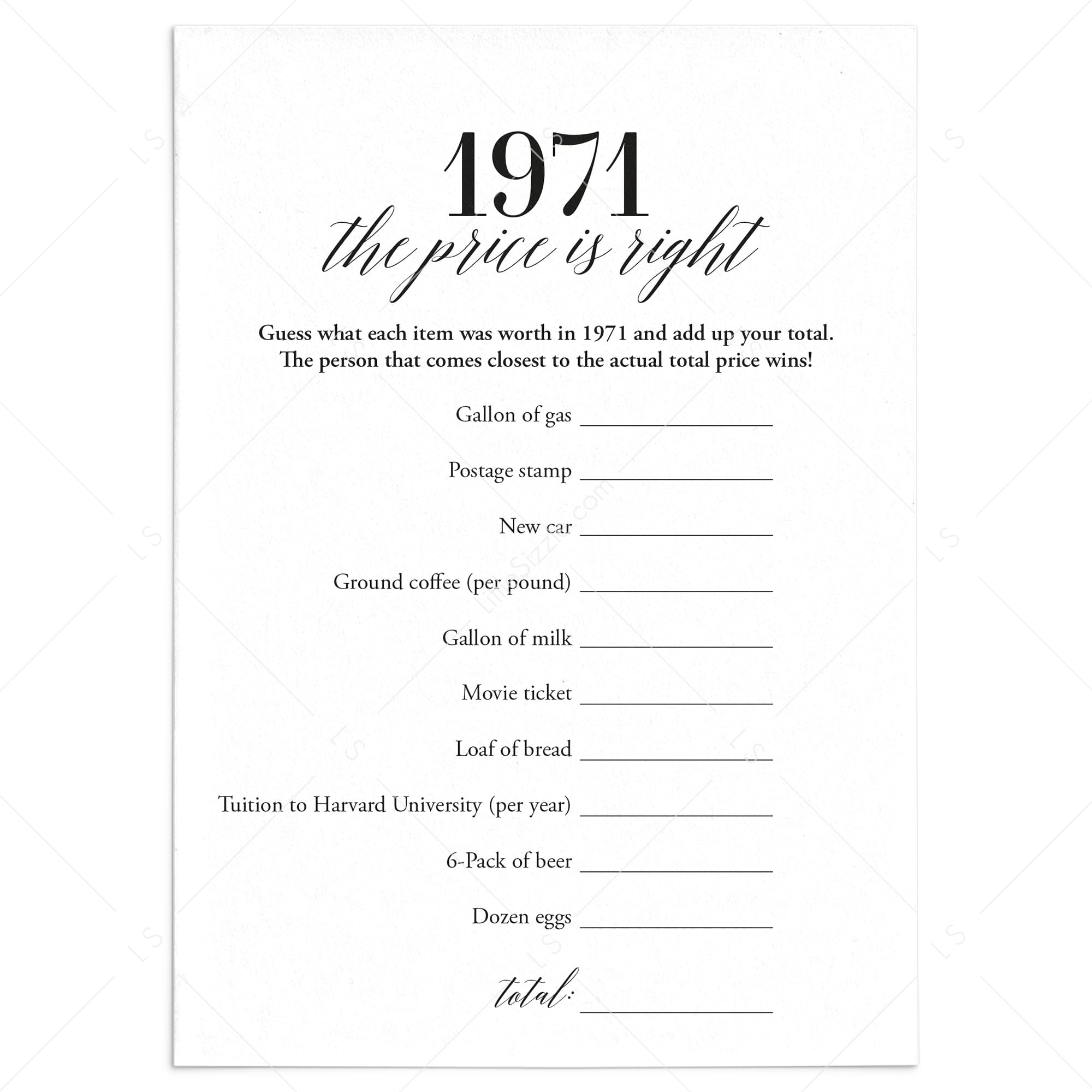 1971 The Price Is Right Game with Answers Printable by LittleSizzle