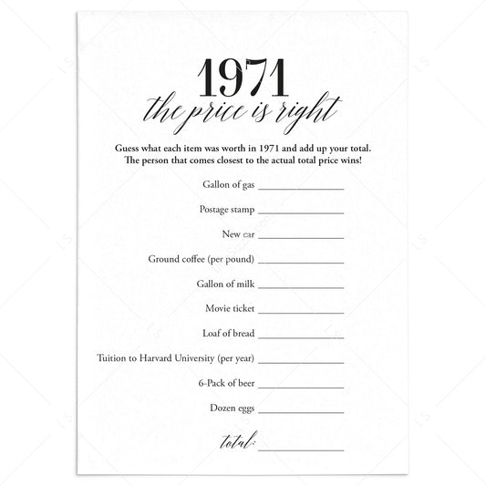 1971 The Price Is Right Game with Answers Printable by LittleSizzle