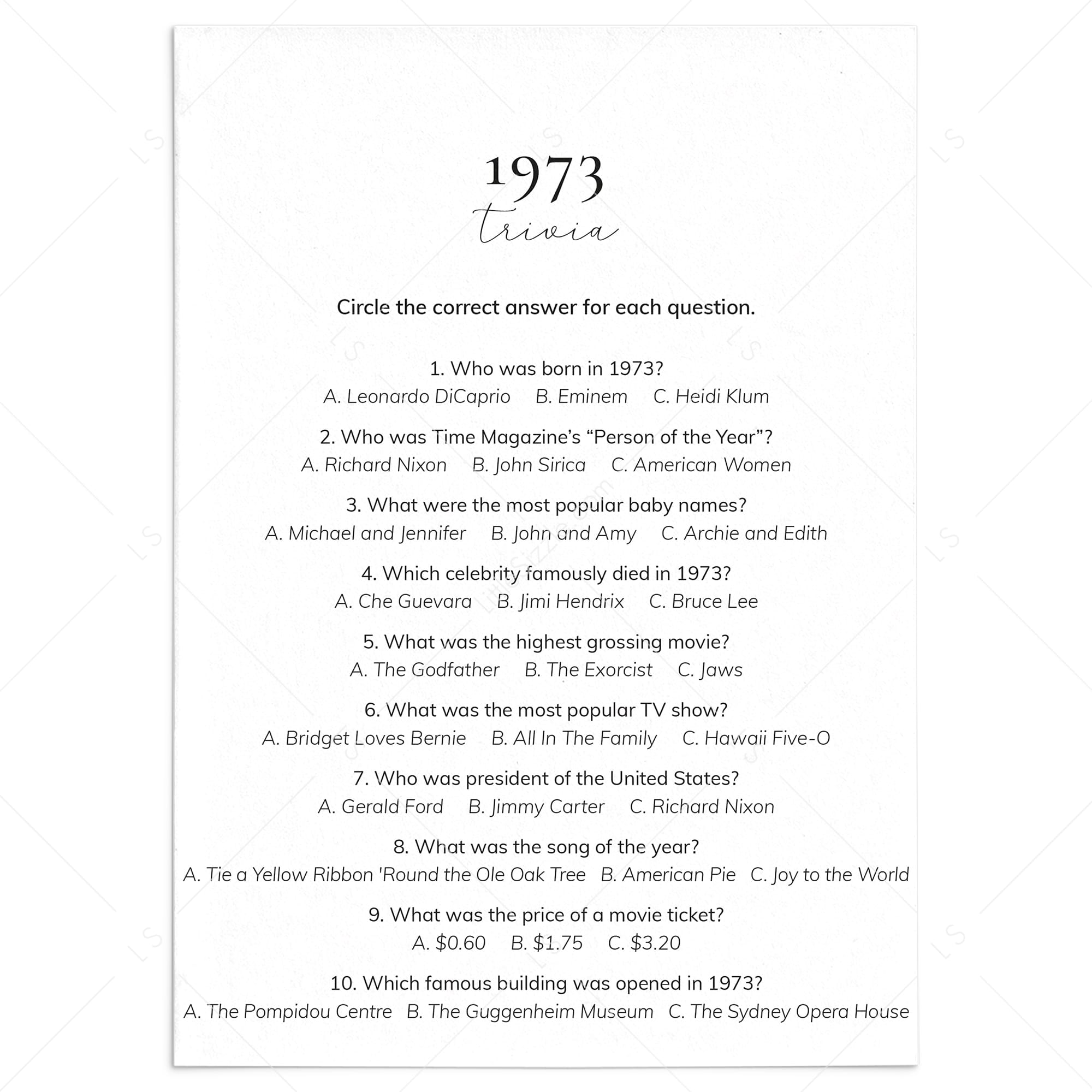 1973 Quiz and Answers Printable by LittleSizzle