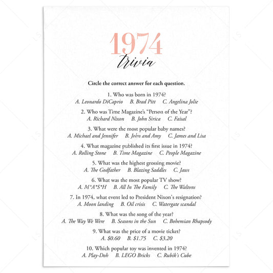 1974 Trivia Questions and Answers Printable by LittleSizzle