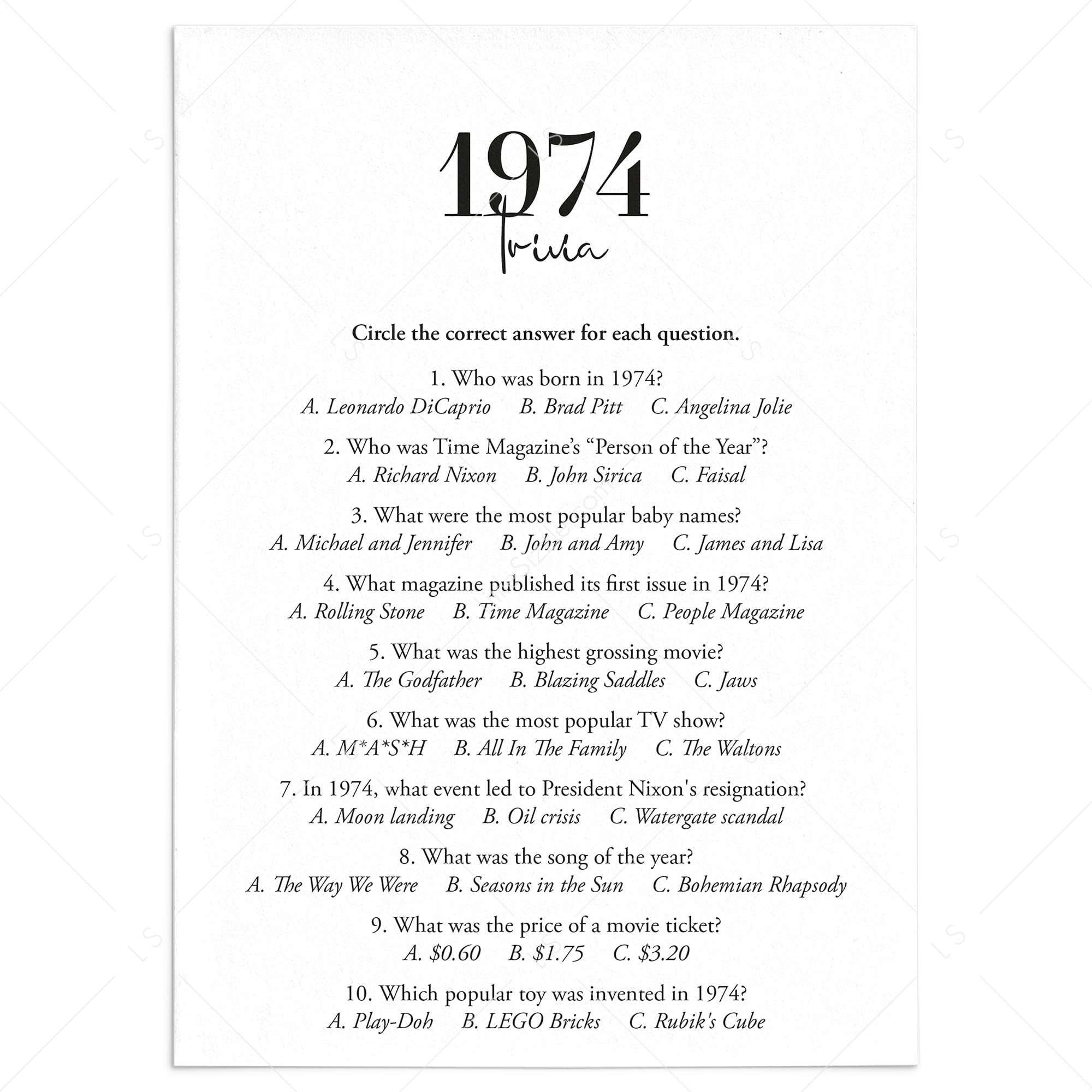 1974 Trivia Quiz with Answer Key Instant Download by LittleSizzle