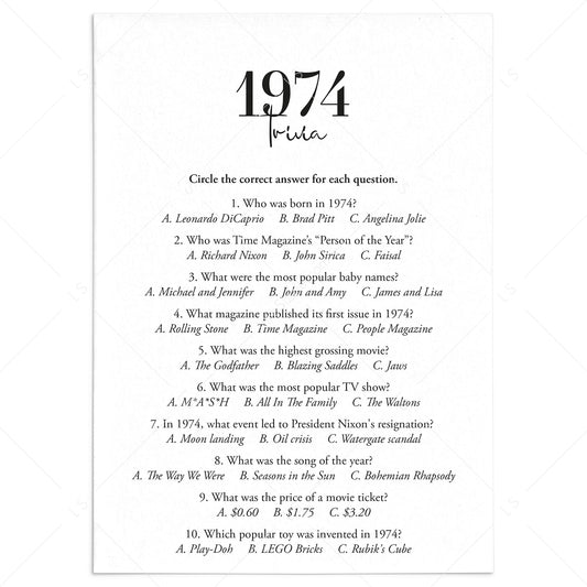 1974 Trivia Quiz with Answer Key Instant Download by LittleSizzle