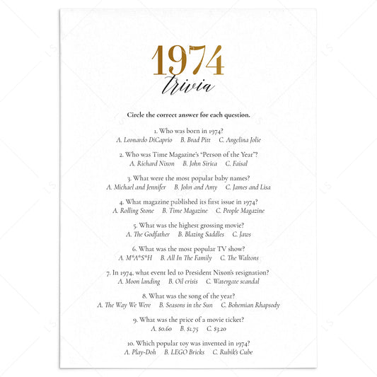 Gold 1974 Trivia Questions with Answers Printable by LittleSizzle