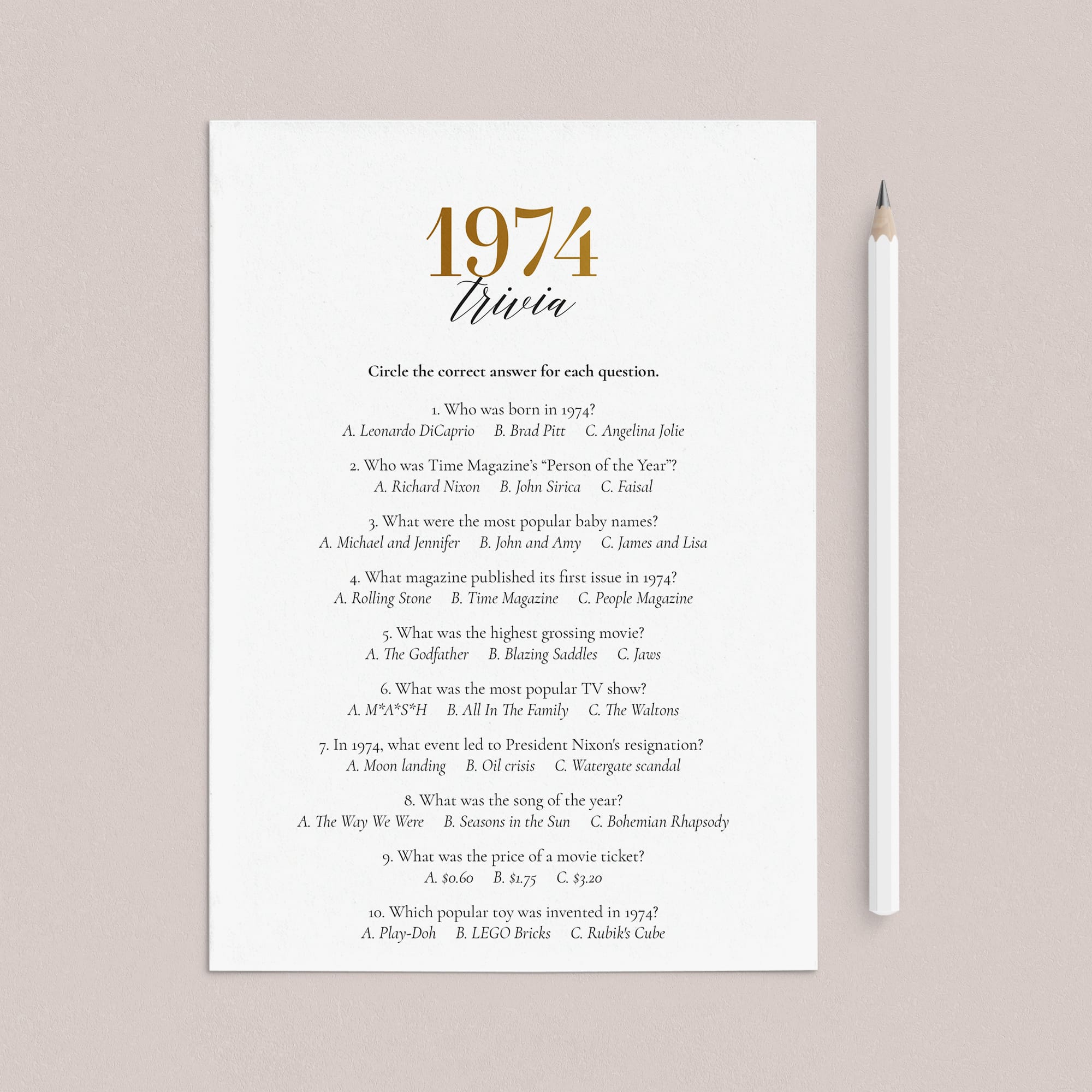 Gold 1974 Trivia Questions with Answers Printable by LittleSizzle