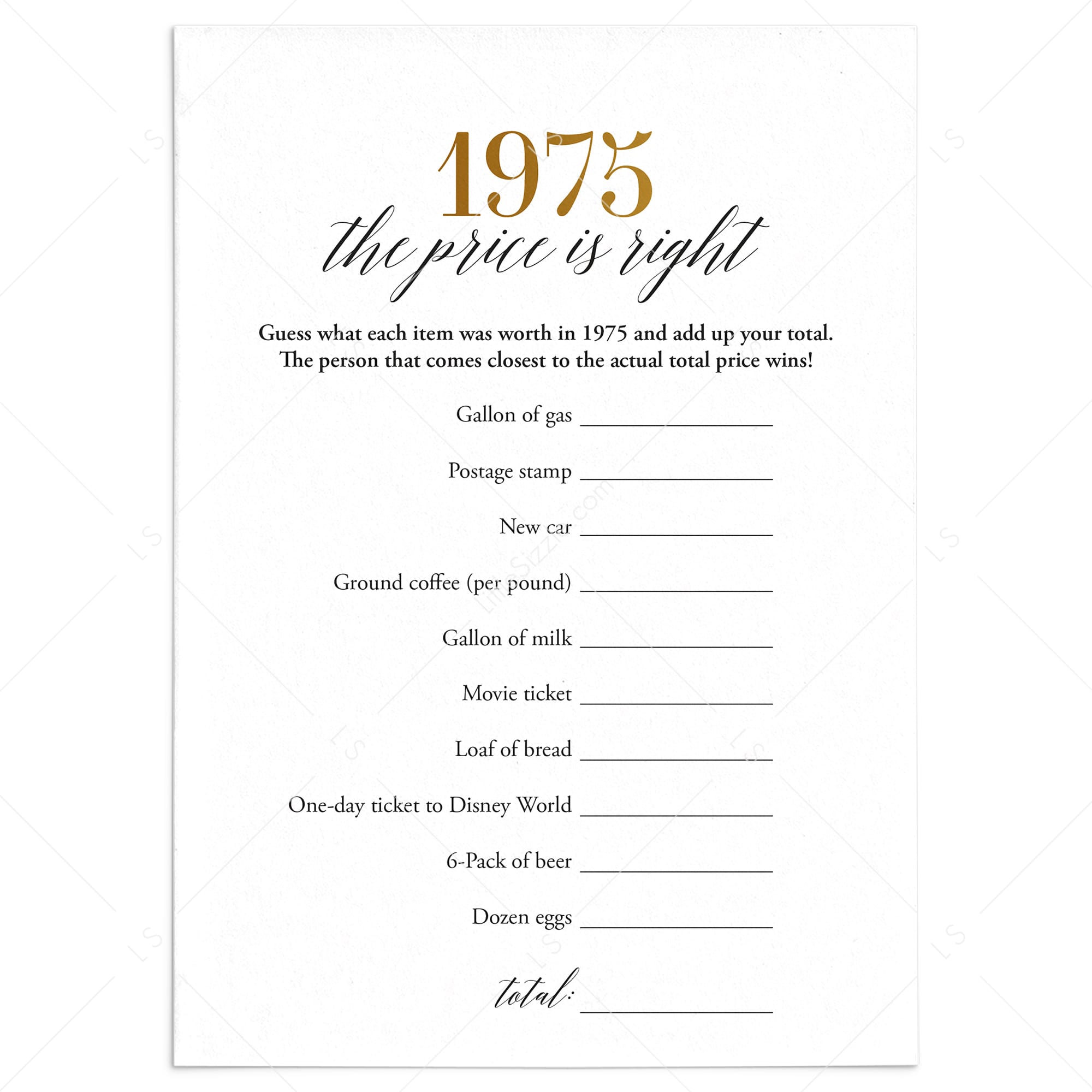1975 The Price Is Right Game Gold with Answer Key Printable by LittleSizzle