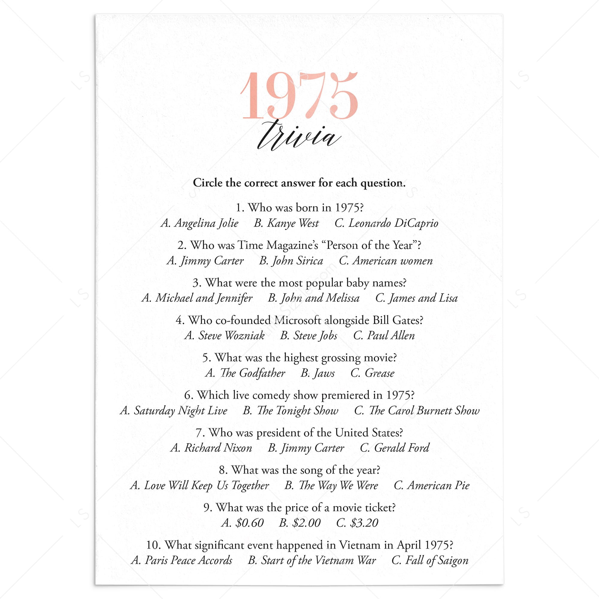1975 Trivia Questions and Answers Printable by LittleSizzle