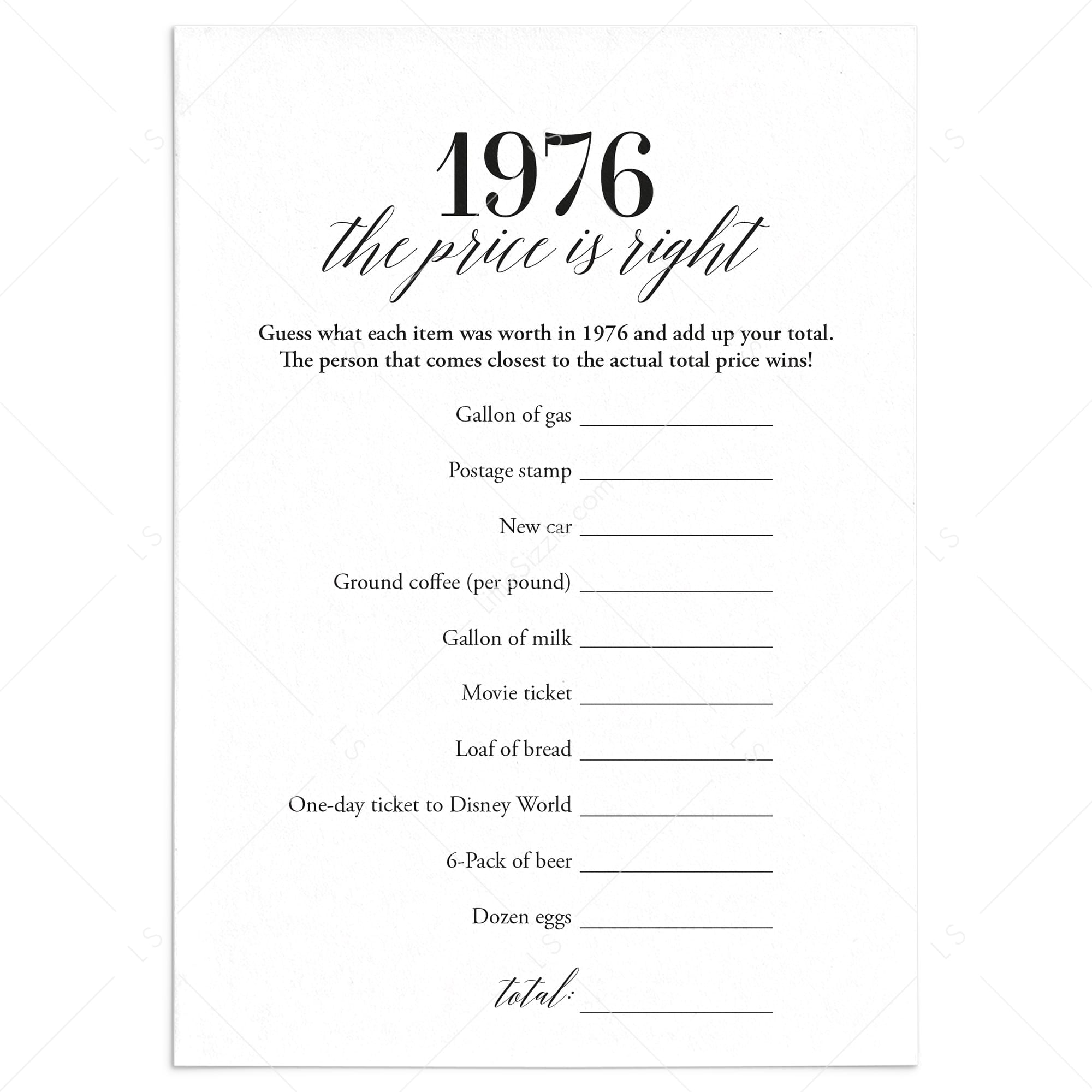 1976 The Price Is Right Game with Answers Printable by LittleSizzle